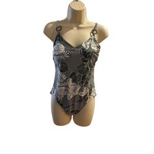 KONA SOL, SIZE M, BLACK AND WHITE TROPICAL SWIMSUIT